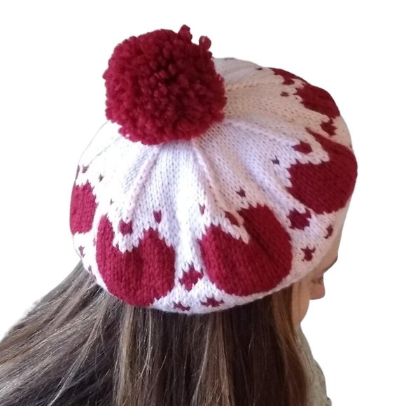 Handmade Knit 100% Wool Pink/Red Hearts Pom Pom Beret Hat - Picture 1 of 7